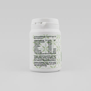 Griffonia 5-HTP Komplex – Seitenansicht mit Zusammensetzung