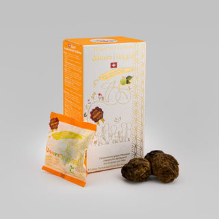 Share-Original 7er Box – Vorderseite mit Sachet und Früchten